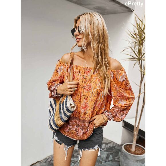 Orange Floral printed off shoulder blouse - Small - Picture 2 of 5
